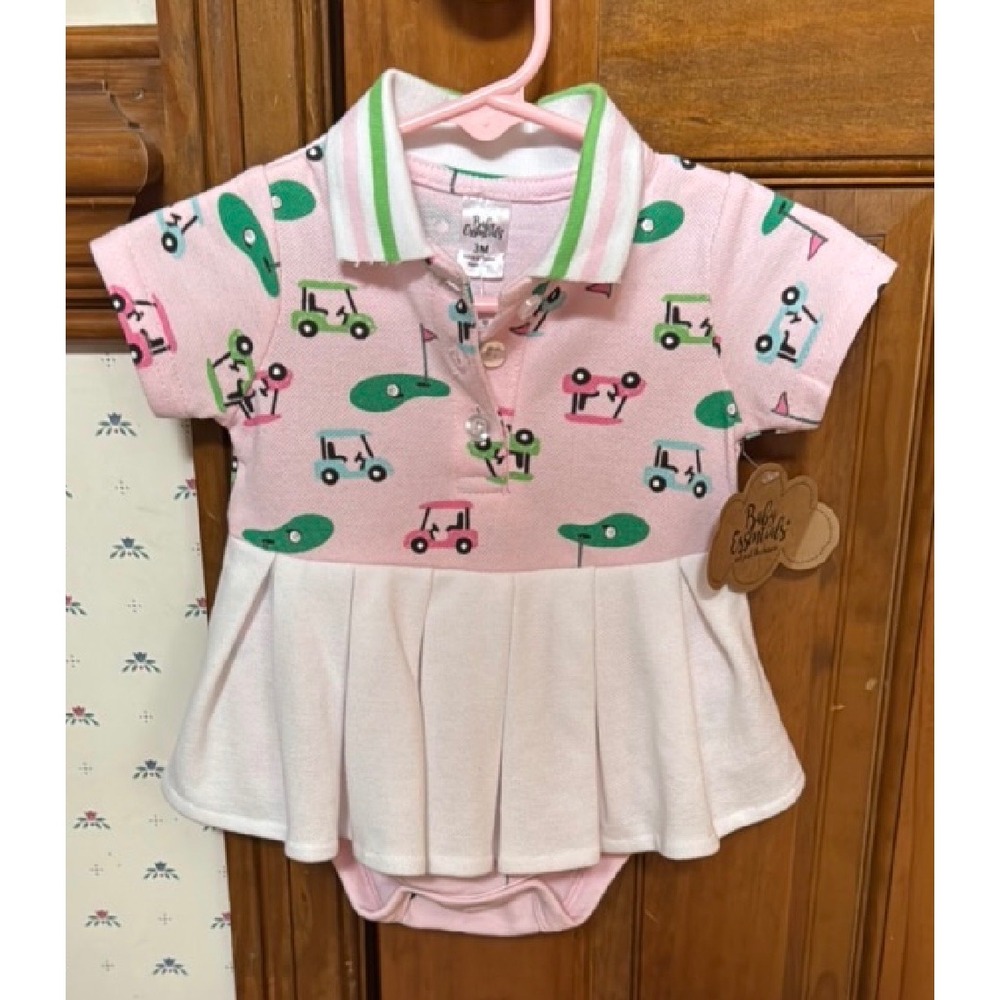 Baby Essentials Pink Golf Cart Print Knit Polo Dress Bodysuit 3M NWT